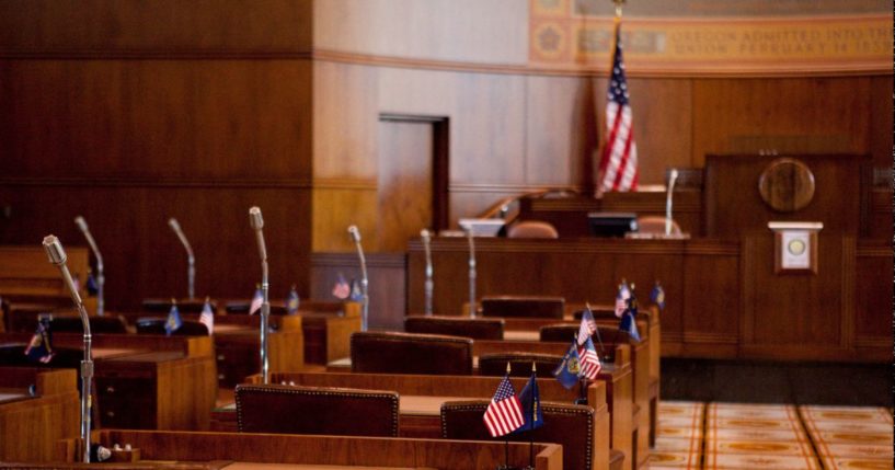 The Senate Chamber at the Oregon State Capitol Building in Salem, Oregon, is seen in a file photo.