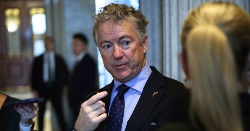 Sen. Rand Paul leaves the Senate chamber after a "talking filibuster" at the U.S. Capitol on Feb. 12.