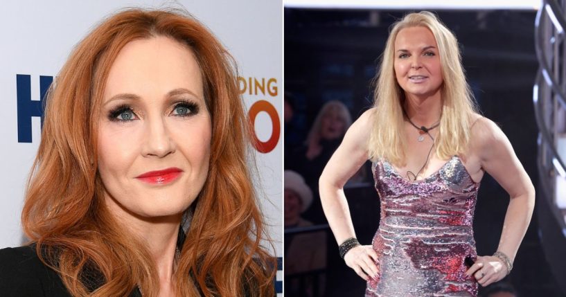 At left, J.K. Rowling attends the premiere of HBO's "Finding the Way Home" at Hudson Yards in New York City on Dec. 11, 2019. At right, India Willoughby is evicted from the "Celebrity Big Brother" house at Elstree Studios in Borehamwood, England, on Jan. 12, 2018.