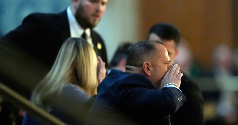 Gold Star father Steve Nikoui interrupts President Joe Biden's State of the Union address in the U.S. Capitol in Washington, D.C, on Thursday.