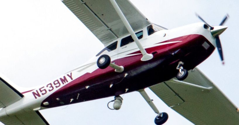 An FBI surveillance aircraft is shown.