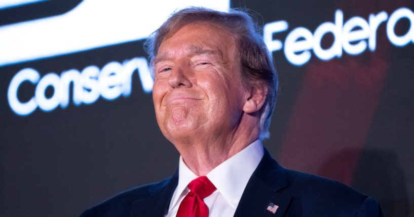 Former President Donald Trump smiles during the Black Conservative Federation Gala in Columbia, South Carolina, on Feb. 23.