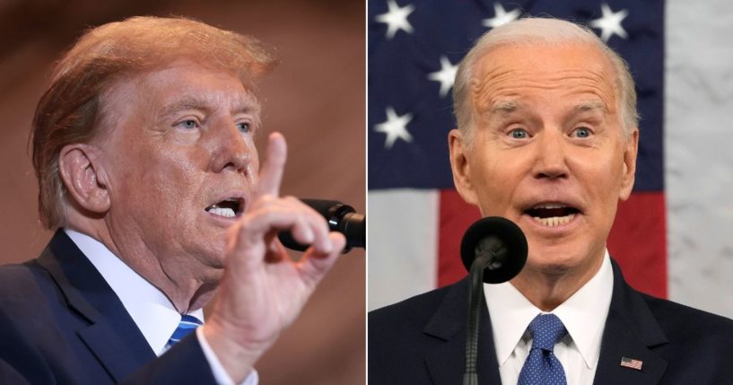 At left, Republican presidential candidate and former President Donald Trump speaks at Mar-a-Lago in West Palm Beach, Florida, on Tuesday. At right, President Joe Biden delivers the State of the Union address to a joint session of Congress at the Capitol in Washington on Feb. 7, 2023.