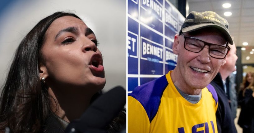 Rep. Alexandria Ocasio-Cortez speaks during a news conference outside the U.S. Capitol on Thursday in Washington, D.C. James Carville smiles during an event on Feb. 8, 2020, in Manchester, New Hampshire.