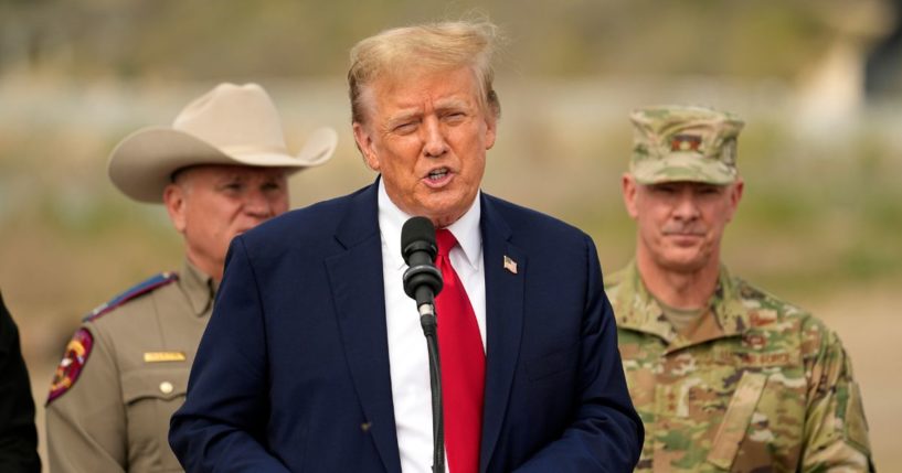 Donald Trump speaking at Shelby Park in Eagle Pass, Texas, during a visit to the U.S.-Mexico border