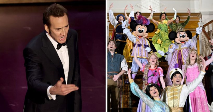 Nicolas Cage, left, speaks onstage during the 96th Annual Academy Awards at Dolby Theatre on March 10 in Hollywood, California. At right, Disney characters Princess Jasmine, Aladdin, Belle, Prince Adam, Rapunzel, Princess Tiana, Prince Naveen, Snow White, Mickey Mouse, Minnie Mouse, Cinderella, Prince Charming and others perform in the Royal Ball lobby during the Disneyland Hotel reopening celebration at Disneyland Paris on February 3 in Paris, France.