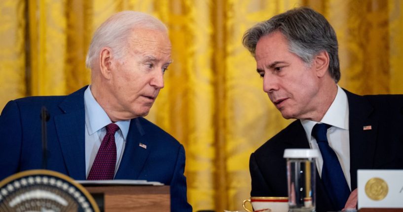 President Joe Biden, left, is seen speaking with Secretary of State Antony Blinken during a Thursday meeting with foreign dignitaries at the White House. Biden was called back to Washington, D.C., Saturday from his beach house in Delaware after reports that an attack on Israel by Iran is imminent.