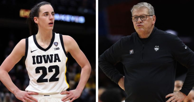 University of Iowa point guard Caitlin Clark, left, and University of Connecticut coach Geno Auriemma.