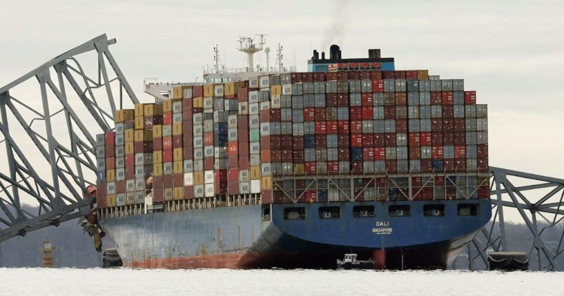 The cargo ship Dali sits in the water after running into and collapsing the Francis Scott Key Bridge in Baltimore, Maryland, on March 26.