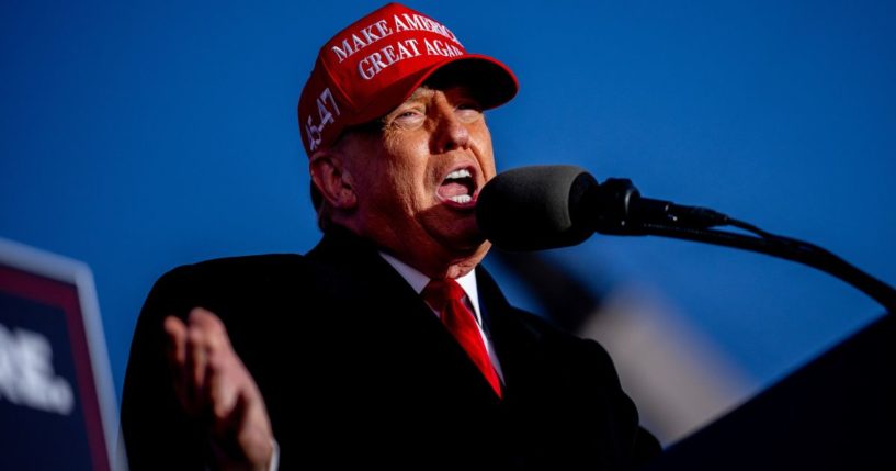 Former President Donald Trump speaks at a rally in Schnecksville, Pennsylvania, on April 13.