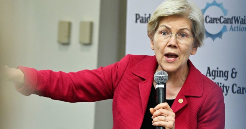 Sen. Elizabeth Warren speaks at the Care Can't Wait Action Hosts Town Hall With Lawmakers And Care Champions on April 10 in Washington, D.C.