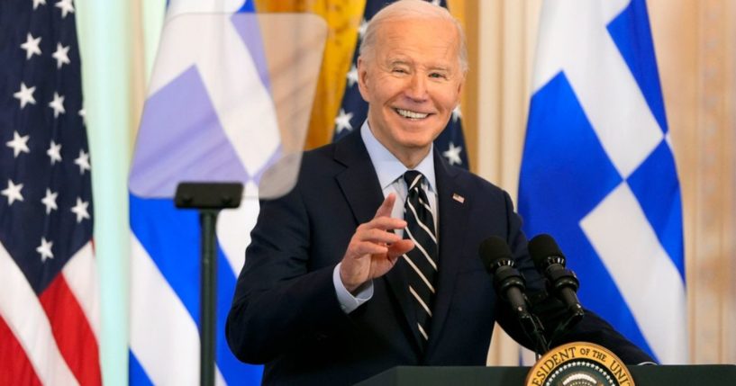 President Joe Biden speaks during Thursday's reception celebrating Greek Independence Day in the East Room of the White House in Washington.