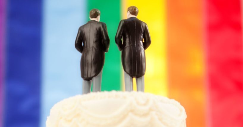 This image shows the top of a traditional wedding cake, with two men in tuxedos and tails as the wedding cake topper and with a rainbow "pride" flag in the background.