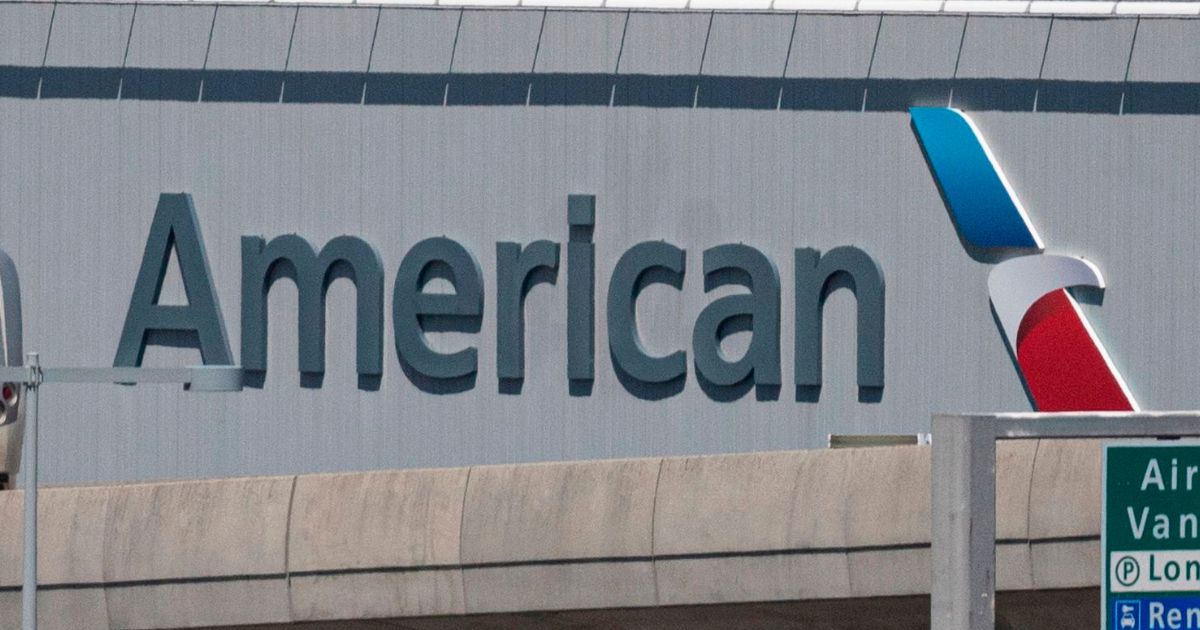 The American Airlines logo is seen at John F. Kennedy Airport in New York City on May 13, 2020.