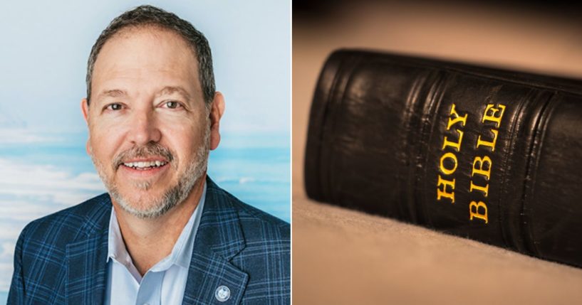 Scott Chadwick, left, city manager of Carlsbad, California, reportedly took issue with the use of Jesus' name by a chaplain. At right is the Holy Bible.