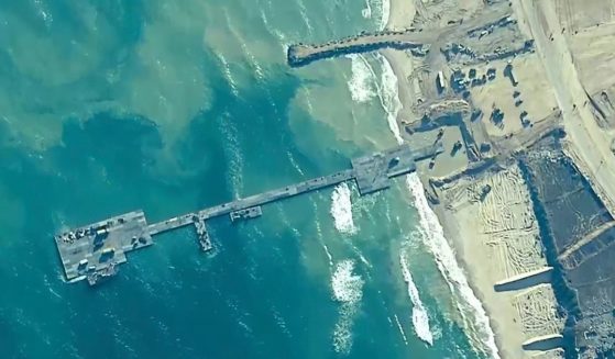 an aerial view of the Trident Pier on the coast of Gaza Strip