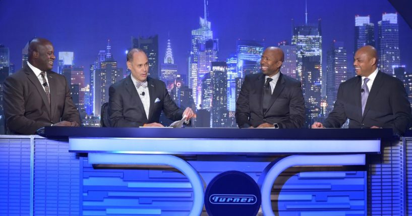 Shaquille O'Neal, Ernie Johnson, Kenny Smith, and Charles Barkley (left to right) appear on stage during the Turner Upfront 2015 at Madison Square Garden in New York City on May 13, 2015.