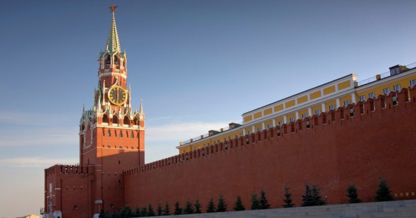 The Spasskaya Tower of the Kremlin in Moscow, Russia, is pictured.