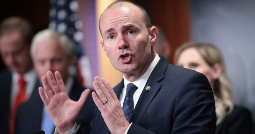 Sen. Mike Lee speaks during a news conference with other senators and House impeachment managers at the U.S. Capitol in Washington, D.C., on April 16.