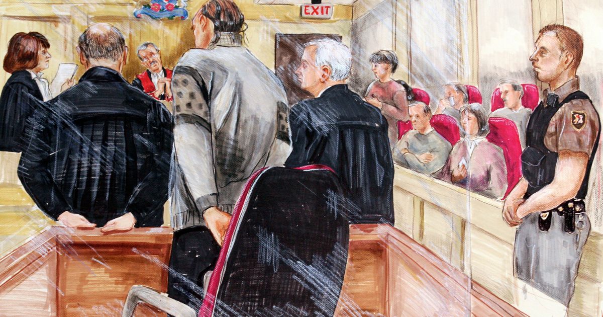A court drawing depicts Robert Pickton listening to the guilty verdict in British Columbia Supreme Court in New Westminster, B.C. on Dec. 9, 2007.
