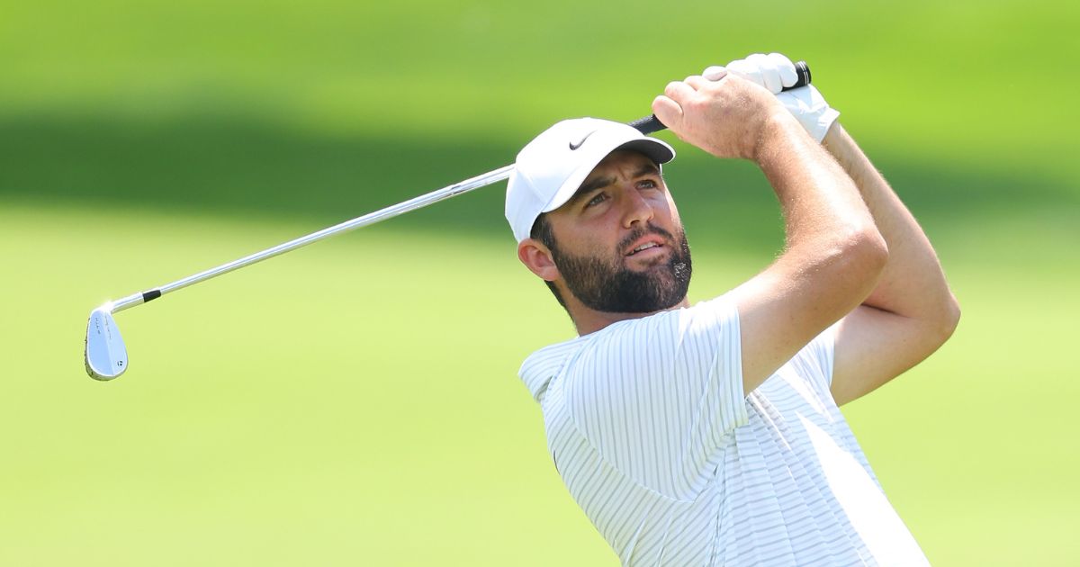 U.S. golfer Scottie Scheffler plays a second shot to make an eagle Thursday on the first hole during the first round of the 2024 PGA Championship at Valhalla Golf Club in Louisville, Kentucky.