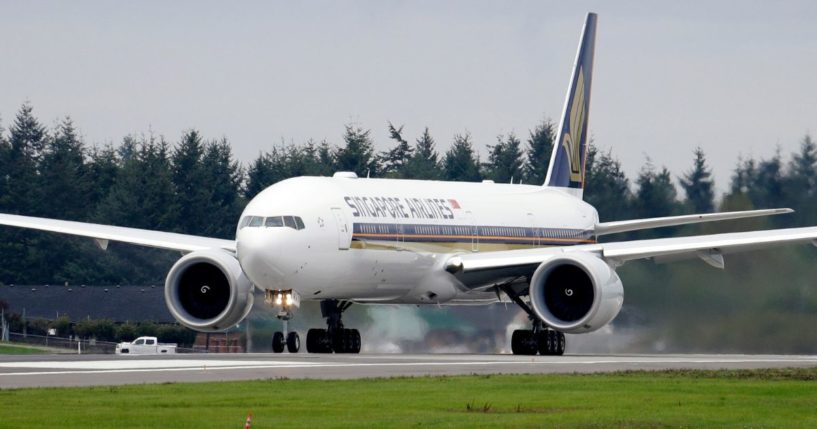 A Singapore Airlines Boeing 777-312ER readies to take off from Paine Field in Everett, Washington, on Sept. 17, 2013.