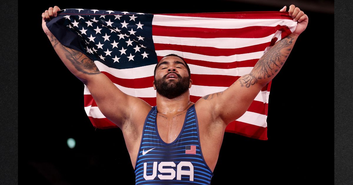 Gable Dan Steveson is seen celebrating his gold-medal win on Aug. 6, 2021, during the Men’s Freestyle 125kg wrestling match at the Tokyo Olympic Games.
