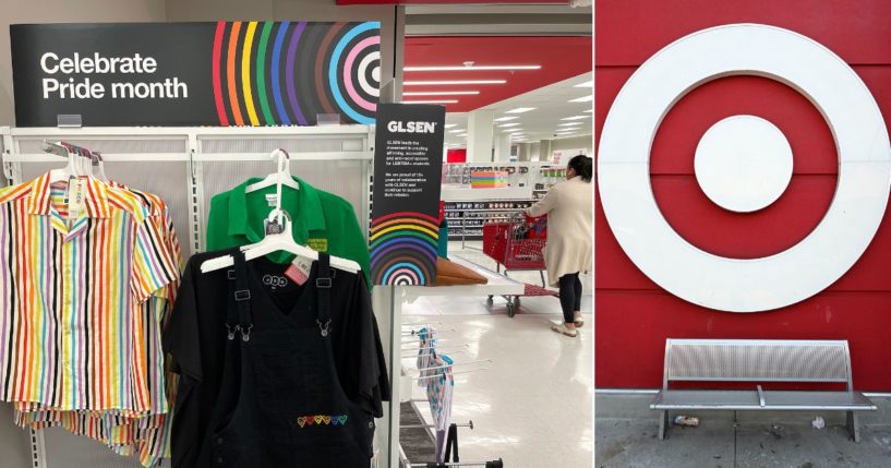 "Pride Month" merchandise is displayed at a Target store in San Francisco in a file photo from May 31, 2023, left. Target is reportedly planning much smaller, more subdued "pride" displays this year after consumer backlash to the promotion.