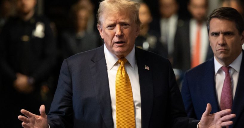 Former President Donald Trump speaks to the media during a break in his criminal trial at Manhattan Criminal Court in New York City on Wednesday.