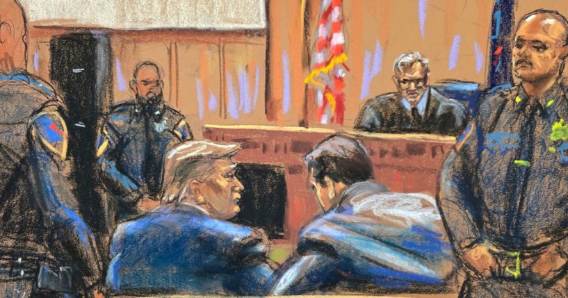 In this courtroom sketch, former U.S. President Donald Trump, left, sits with his attorney Todd Blanche before Justice Juan Merchan, during his trial at a Manhattan criminal court in New York.