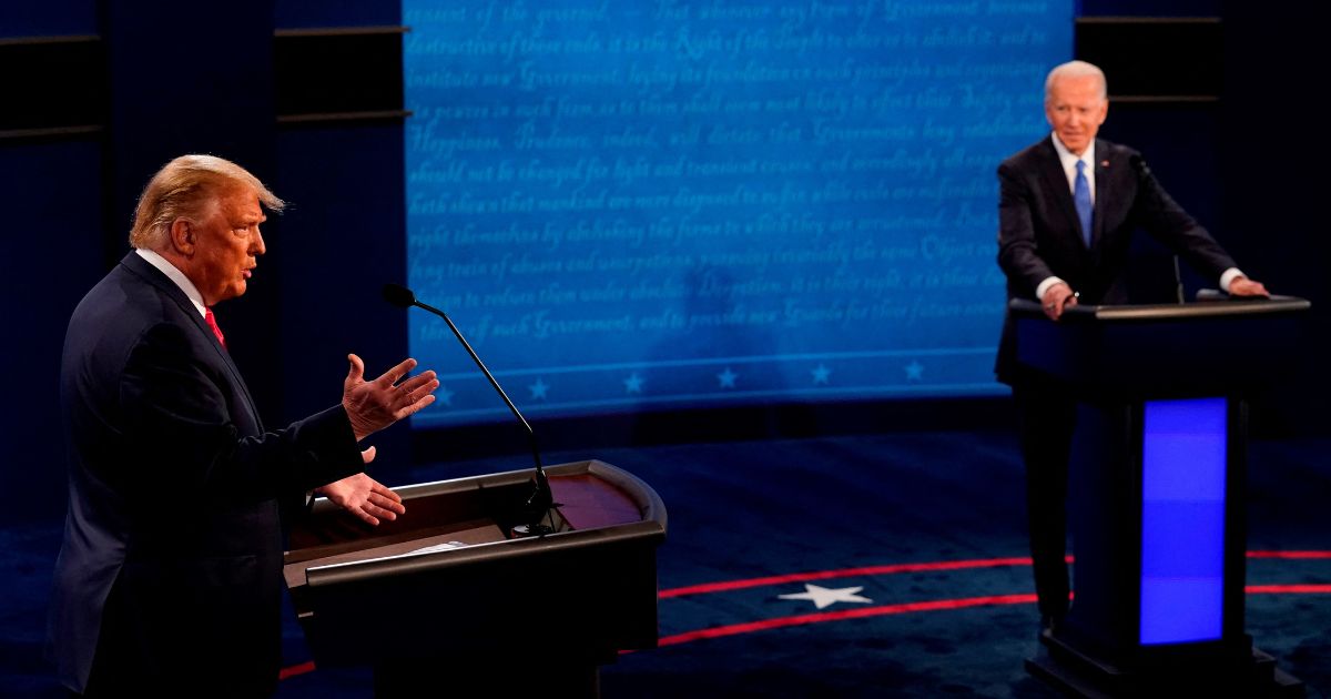 Then-incumbent President Donald Trump and current President Joe Biden argue on October 22, 2020, during the final presidential debate at Belmont University in Nashville, Tennessee.
