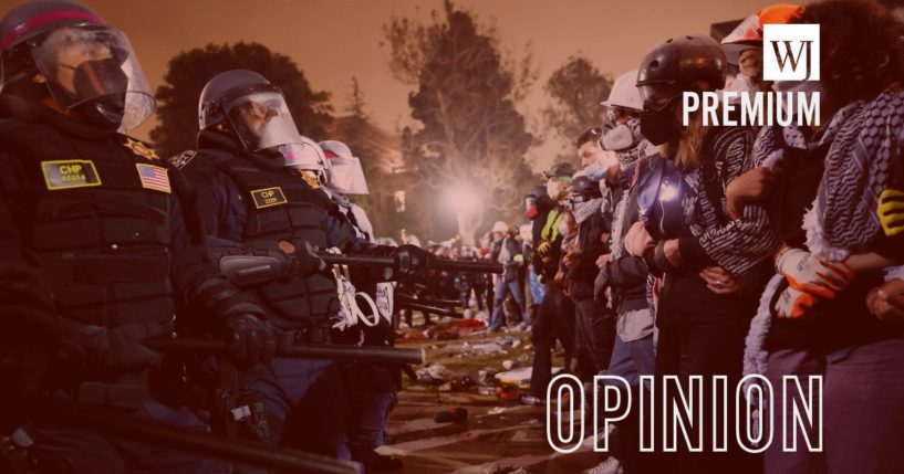 Police face-off with pro-Palestinian protesters after tearing down part of the encampment barricade on the campus of the University of California, Los Angeles in Los Angeles, California, on May 2.