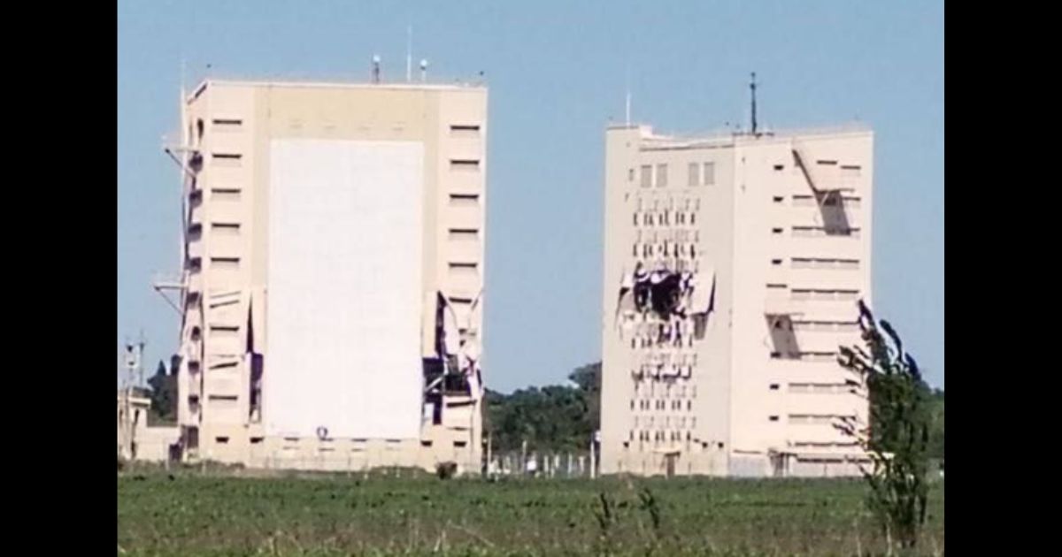 This X screen shot purports to show the damaged Armavir radar station in Russia.