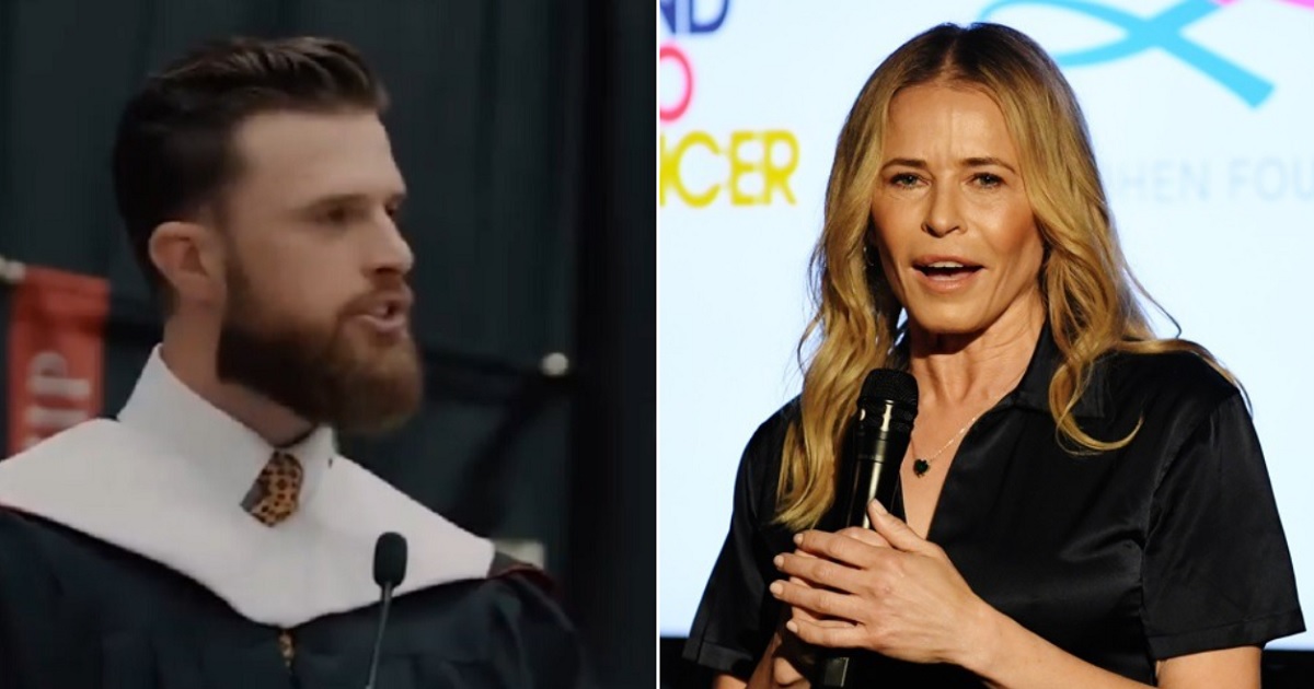 Kansas City Chiefs kicker Harrison Butker, left; comedian Chelsea Handler, speaking at an April fundraiser for cancer research in Los Angeles, right.