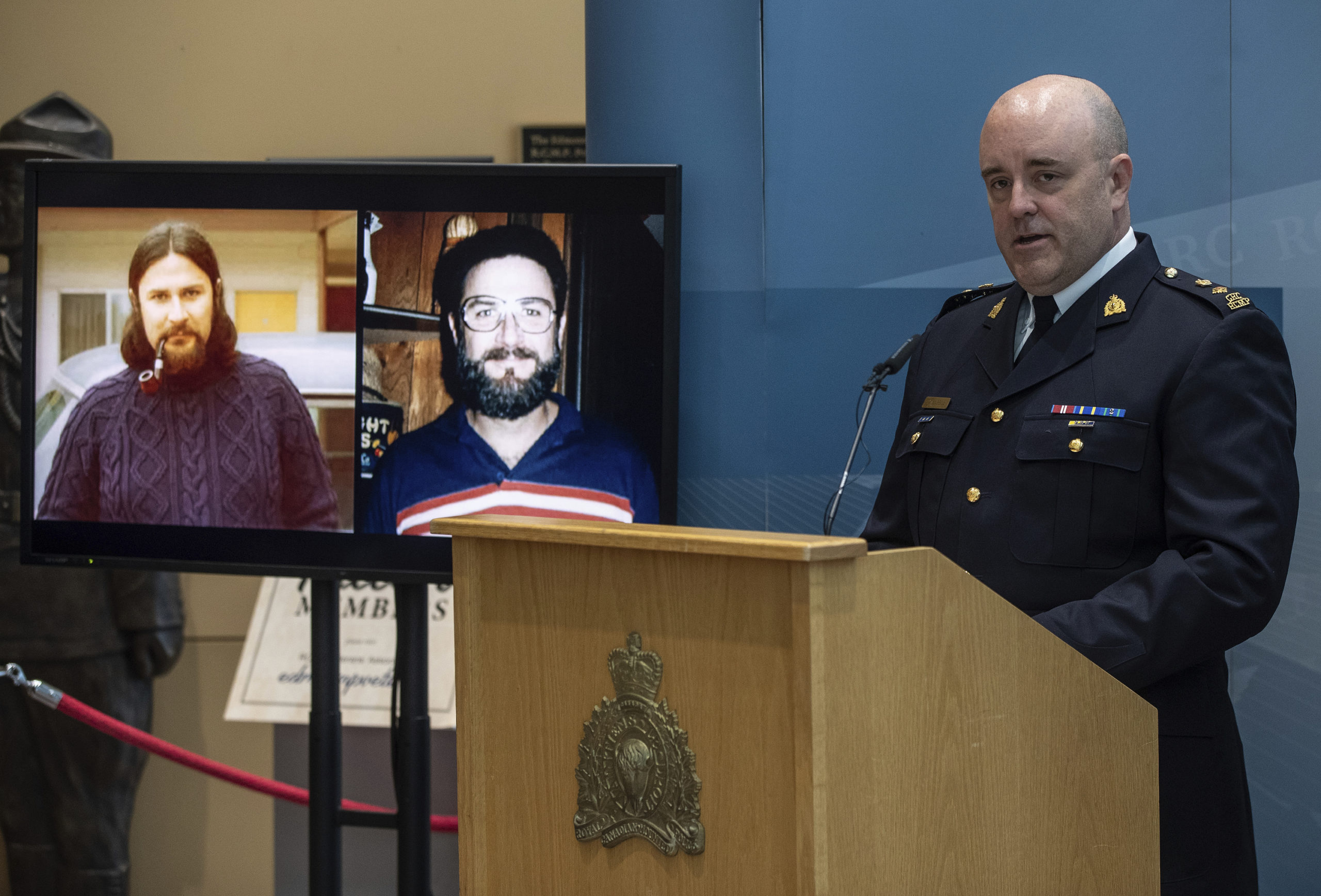 Alberta Royal Canadian Mounted Police Supt. Dave Hall speaks during a press conference in Edmonton on Friday about linking four historical homicides to deceased serial killer Gary Allen Srery.