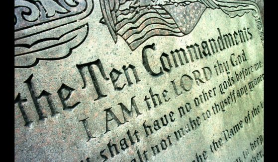 A 42-year-old Ten Commandments sculpture is on display in front of city hall June 27, 2001 in Grand Junction, CO.