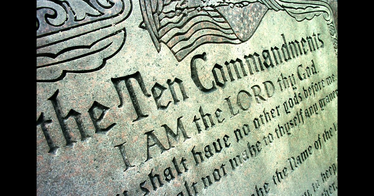 A 42-year-old Ten Commandments sculpture is on display in front of city hall June 27, 2001 in Grand Junction, CO.