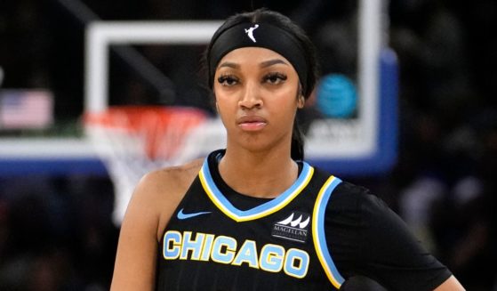 The Chicago Sky's Angel Reese waits for play to resume during a home game against the New York Liberty on June 4.