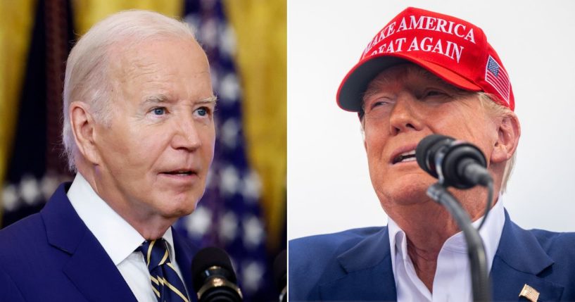At left, President Joe Biden speaks in the East Room of the White House in Washington on June 4. At right, Republican presidential candidate and former President Donald Trump speaks during his campaign rally at Sunset Park in Las Vegas on Sunday.