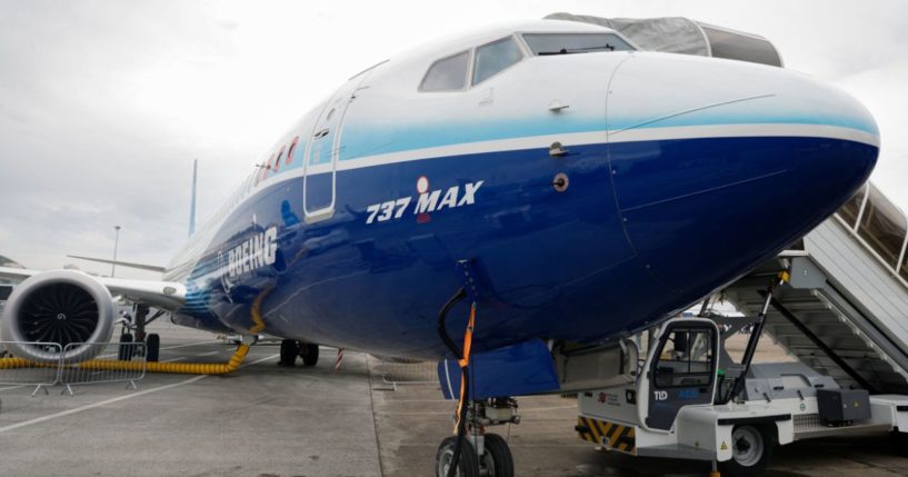 A Boeing 737 Max aircraft is displayed during the International Paris Air Show at the Paris-Le Bourget Airport on June 20, 2023.