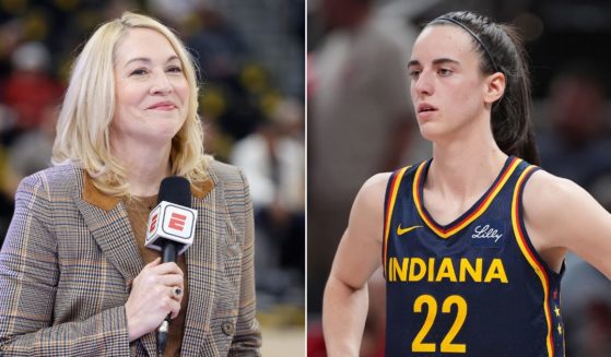 At left, commentator Doris Burke looks on before a game between the Golden State Warriors and the Phoenix Suns at Chase Center in San Francisco on Feb. 10. At right, Caitlin Clark of the Indiana Fever looks on during a game against the Chicago Sky at Gainbridge Fieldhouse in Indianapolis on Sunday.