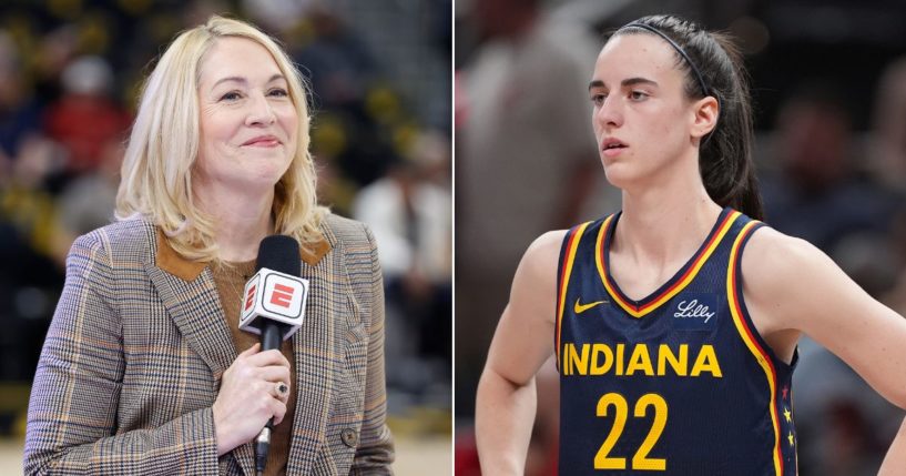 At left, commentator Doris Burke looks on before a game between the Golden State Warriors and the Phoenix Suns at Chase Center in San Francisco on Feb. 10. At right, Caitlin Clark of the Indiana Fever looks on during a game against the Chicago Sky at Gainbridge Fieldhouse in Indianapolis on Sunday.