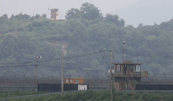 A North Korean guard post is seen from South Korea near the demilitarized zone on July 19, 2023, in Paju, South Korea.