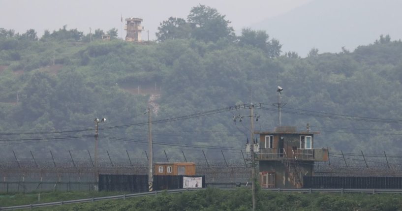 A North Korean guard post is seen from South Korea near the demilitarized zone on July 19, 2023, in Paju, South Korea.