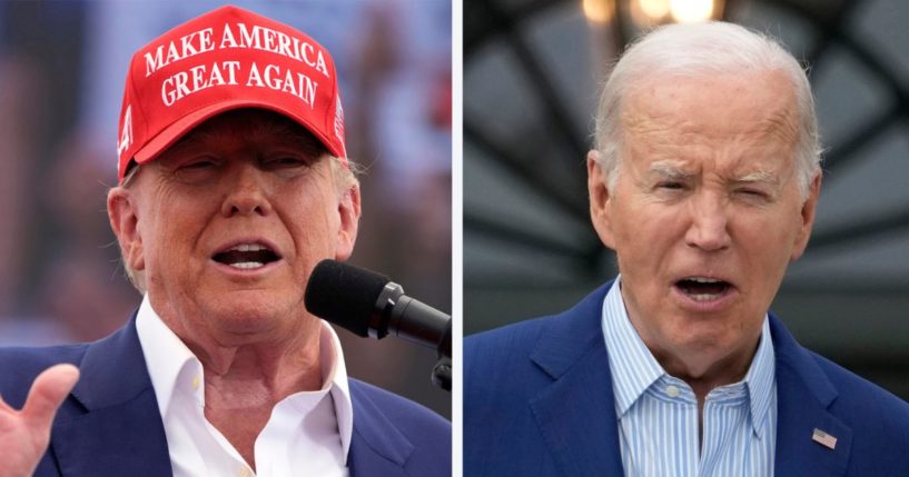 a combination photograph of Donald Trump and Joe Biden