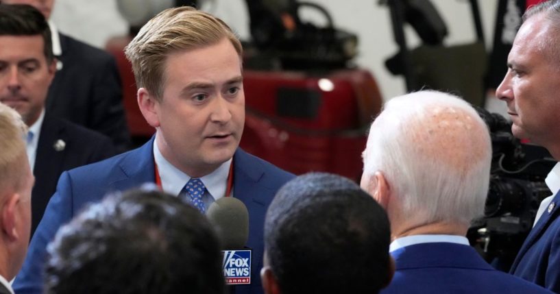 Fox News' Peter Doocy speaks to President Joe Biden at the Arcosa Wind Towers in Belen, New Mexico, on Aug. 9, 2023.