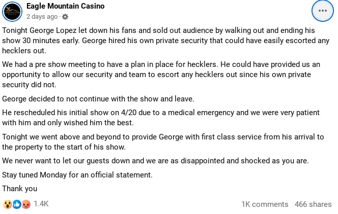 screen shot of a statement from Eagle Mountain Casino posted to Faceboo