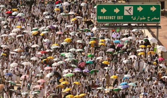 Muslim pilgrims arrive to perform the symbolic "stoning of the devil" ritual during the annual hajj pilgrimage in Mina, Saudi Arabia, on June 16.