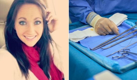 At left is Hillary Brown, who died after surgery. At right is a stock photo of an operating room with surgical instruments.