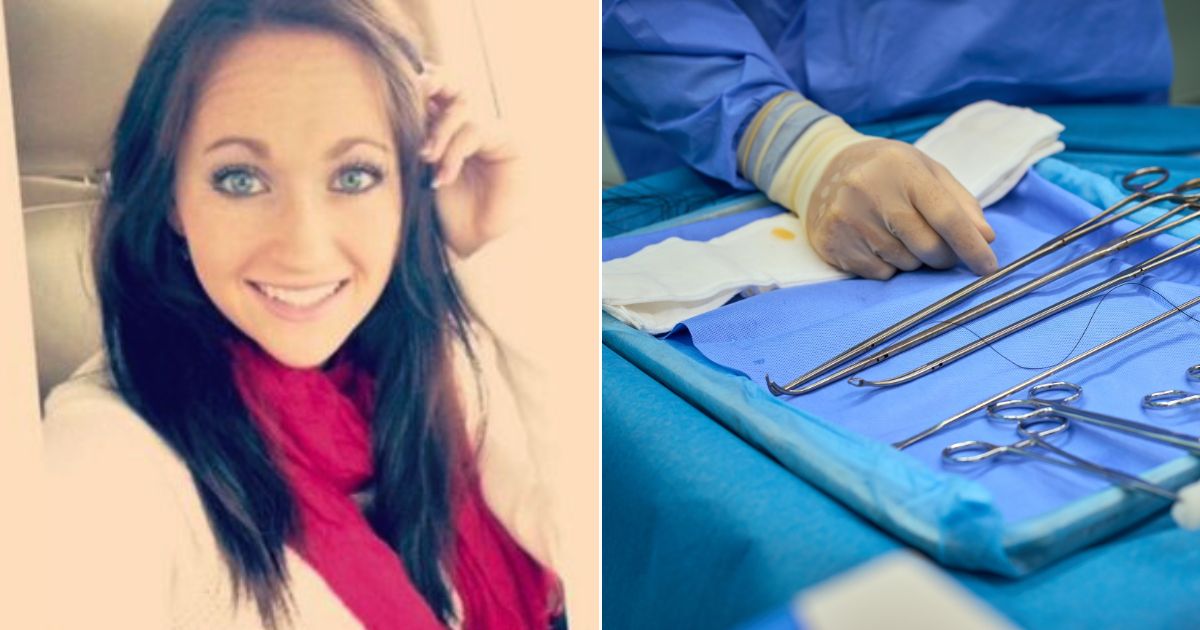 At left is Hillary Brown, who died after surgery. At right is a stock photo of an operating room with surgical instruments.